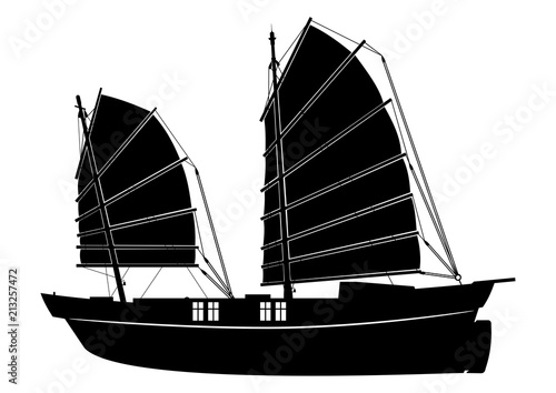 Junk boat. Silhouette of a Chinese vintage ship. Side view. Flat vector.