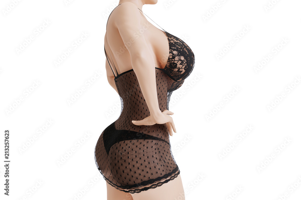 Busty woman in black negligee from the side Stock-Illustration | Adobe Stock