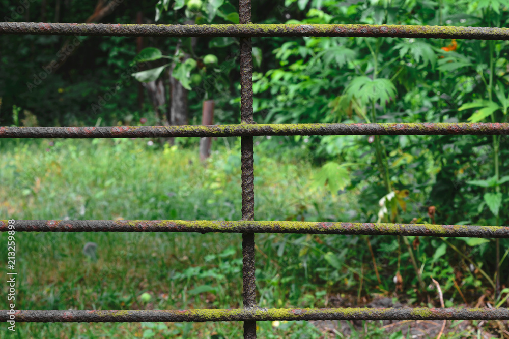 Metal brown fence in front of blurred green garden background Metal brown fence in front of blurred green garden background