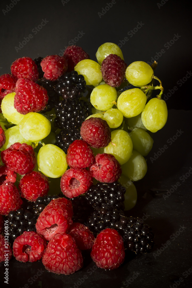Varied fruit, blackberry, raspberry and grapes Varied fruit, blackberry, raspberry and grapes