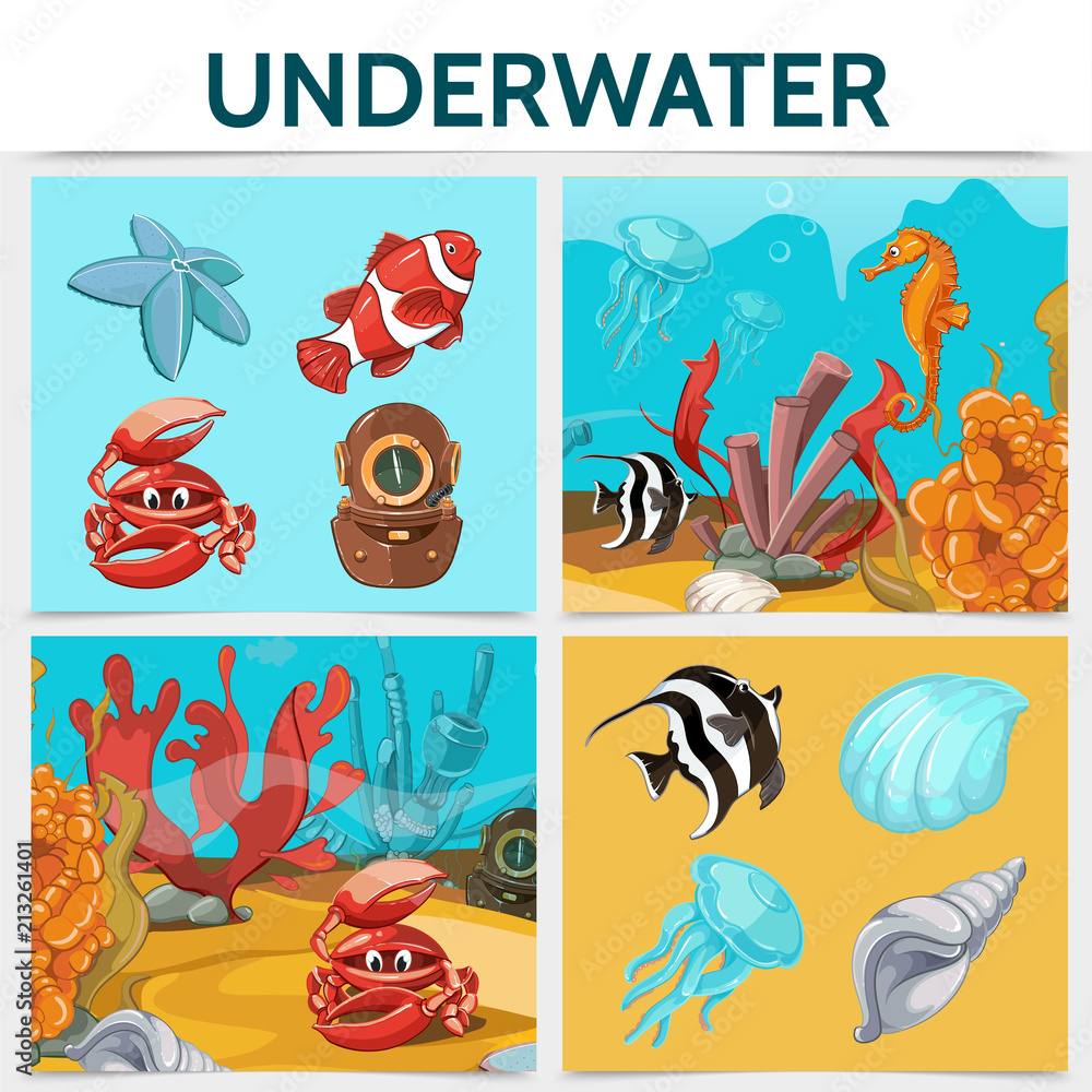 Obraz premium Cartoon Underwater Life Square Concept