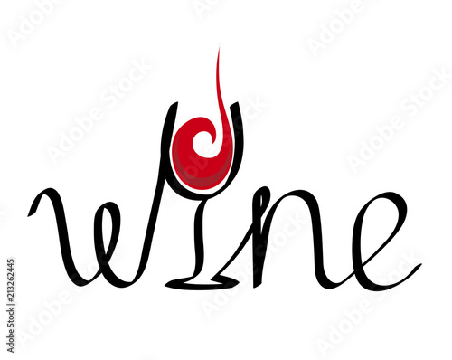 Wine Hand Drawn Logo Lettering with Glass Red of Wine Design Flat Vector Illustration