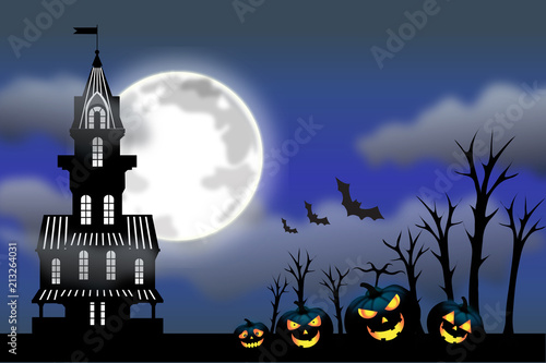 Leuchtende Halloween Kürbisse nachts vor einem Schloss