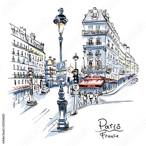 Obraz Rysunek ręka wektor. Paryska ulica z tradycyjnymi domami i lampionami, Paryż, Francja.