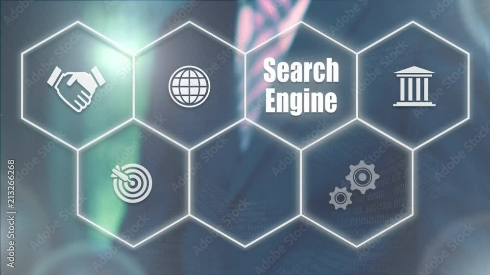 A businessman's hand selecting a Search Engine concept button on a futuristic computer screen. A businessman's hand selecting a Search Engine concept button on a futuristic computer screen.