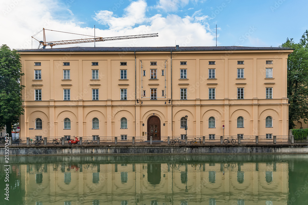 Munich, Germany June 09, 2018: Building at the Isar-Werkkanal in Munich