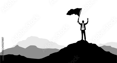 Businessmen holding a victory flag on a mountain peak.