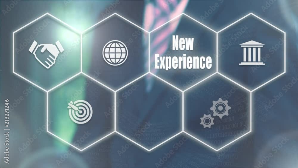 A businessman's hand selecting a New Experience concept button on a futuristic computer screen. A businessman's hand selecting a New Experience concept button on a futuristic computer screen.