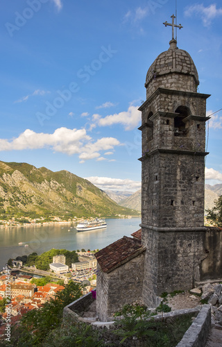 Church of Our Leady of Remedy in Kotor.Montenegro.View from the ramparts of the bay and the old town and cruise liner