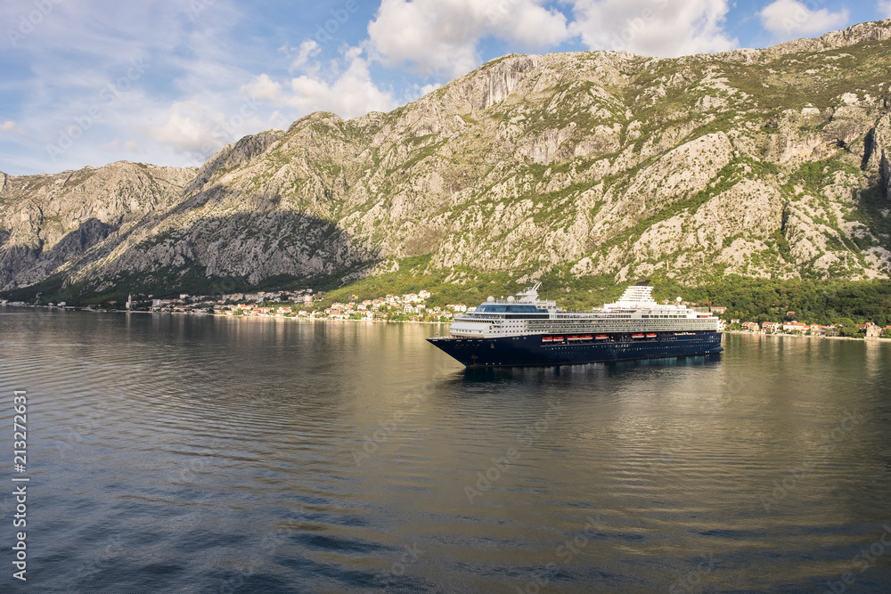 Kotor Bay view and cruise luxury ship, Montenegro