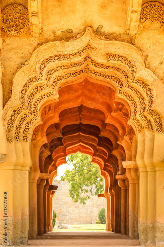 Old ruined arch of Lotus Mahal at sun lights  Hampi  Karnataka  India.