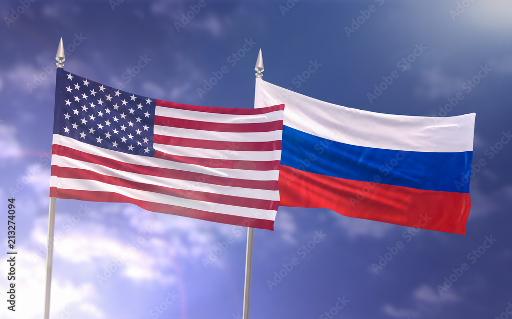 Obraz premium Flag of United States of America and the Russian Federation Russia waving together