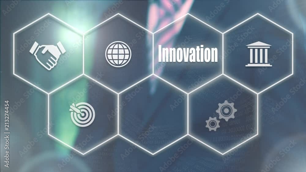 A businessman's hand selecting an Innovation concept button on a futuristic computer screen. A businessman's hand selecting an Innovation concept button on a futuristic computer screen.