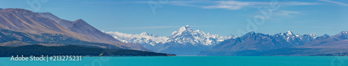 Panoramic view of Mount Cook mountain range with the beautiful turquoise waters of Lake Pukaki, South Island, New Zealand photo
