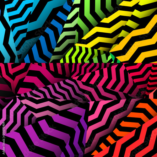 Chevron background  rippled rainbow and black pattern.