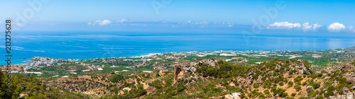 Makrigialos unique skyline aerial view, south east Crete Greece. Popular Mediterranean travel destination vacation resort, unspoiled beaches, clear turquoise ocean waters. Travel destination concept. 