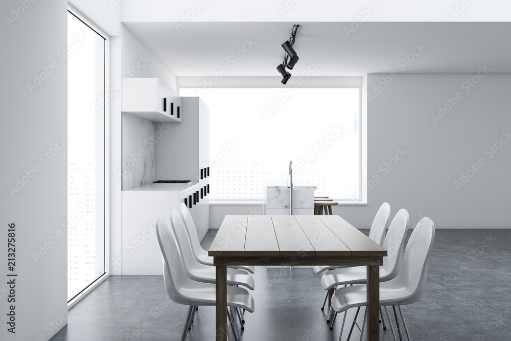 White loft kitchen and dining room interior White loft kitchen and dining room interior