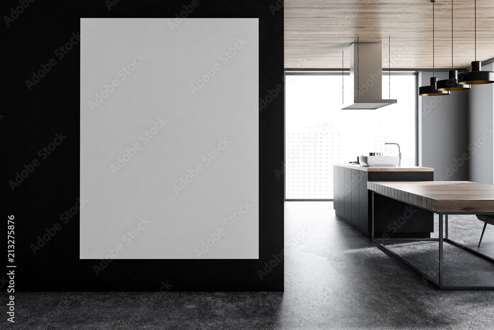 Poster in black panoramic kitchen and dining room Poster in black panoramic kitchen and dining room