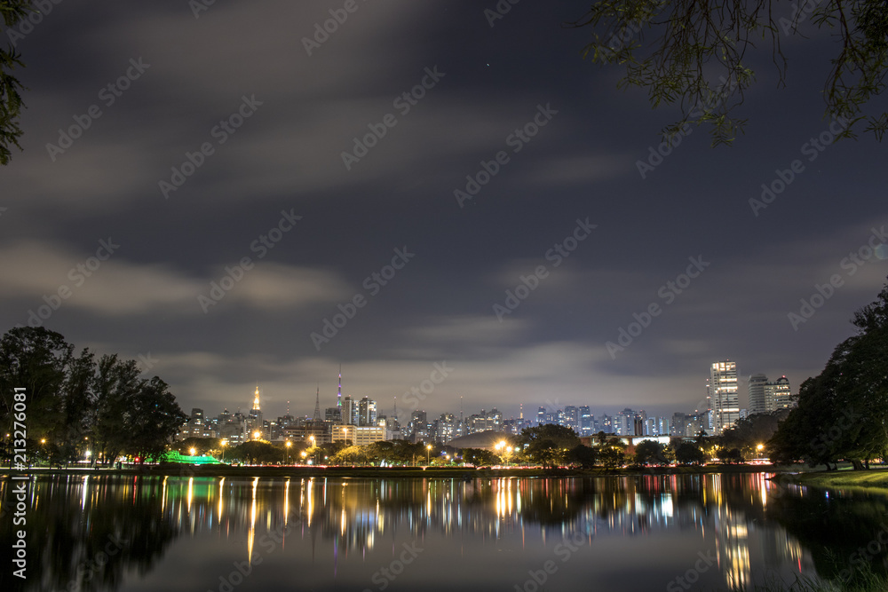 Sao Paulo, Brazil. June 02, 2017: Night view lake in Ibirapuera Park and Sky line of city in Sao Paulo.
