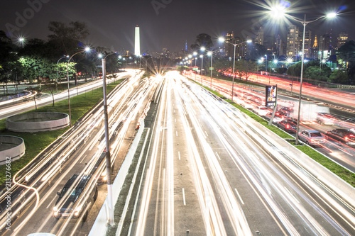 São Paulo, Brazil, June 07, 2017. View of May 23 Avenue with traffic trails, in Sao Paulo