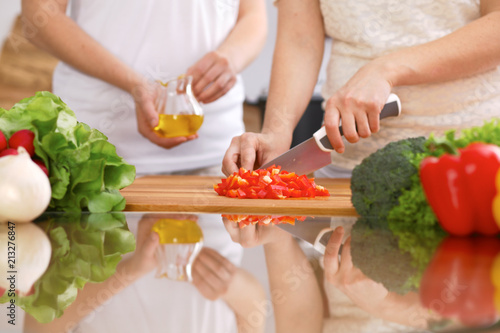 Closeup of human hands cooking in kitchen. Mother and daughter or two female friends cutting vegetables for fresh salad. Healthy meal, vegetarian food and lifestyle concepts