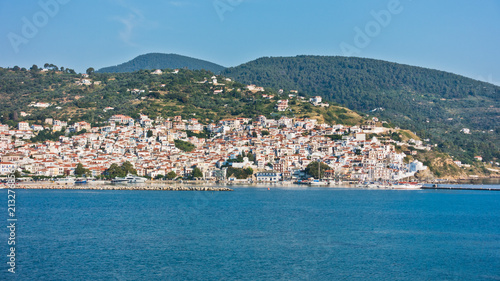 Skopelos town and harbor at summer morning, island of Skopelos, Greece