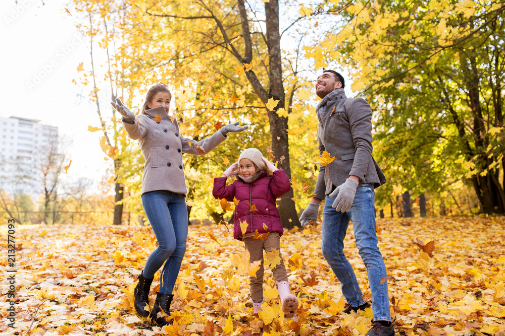 Fototapeta premium family, season and people concept - happy mother, father and little daughter playing with autumn leaves at park