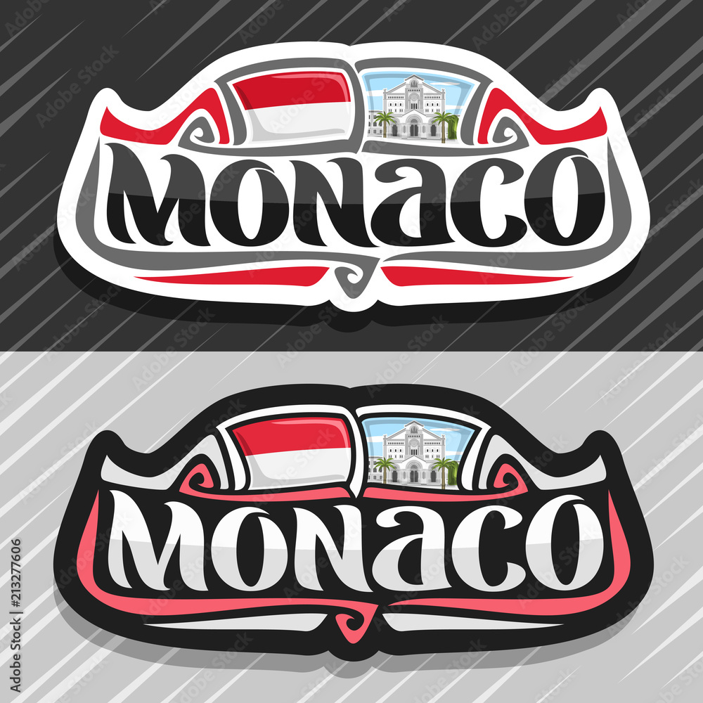 Vector logo for Monaco country, fridge magnet with monegasque state flag,  original brush typeface for word monaco and national symbol - Saint  Nicholas Cathedral in Monte Carlo on cloudy sky background Stock