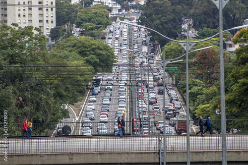 Sao Paulo, Brazil, October 23, 2017. Heavy traffic in the North South Corridor, at the Rubem Berta Avenue, south zone of Sao Paulo. This avenue connects the northern and southern areas of the city.