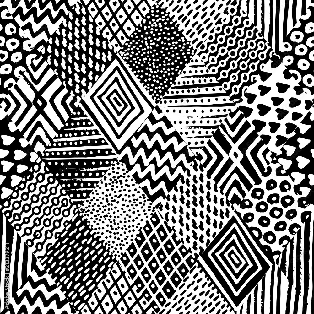 Seamless black and white pattern. Ornament drawn in ink. Geometric elmens, vintage rhombuses, ethnic and tribal motifs. Prints for textiles. Seamless black and white pattern. Ornament drawn in ink. Geometric elmens, vintage rhombuses, ethnic and tribal motifs. Prints for textiles.
