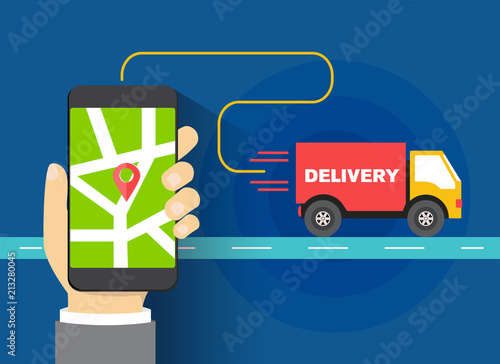 trace tracker application concept, hands holding smartphone with opened package trace tracker application, vector flat design illustration