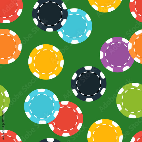 Different casino chips on green background. Seamless pattern. Vector illustration.
