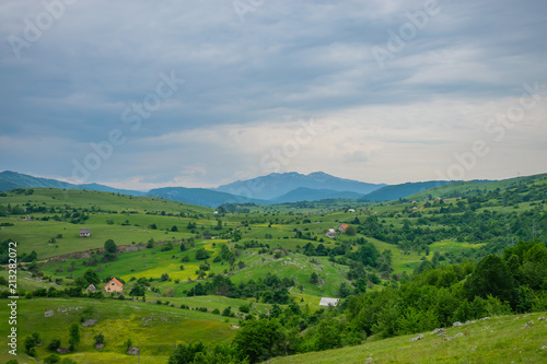 A small village is located among the hills.