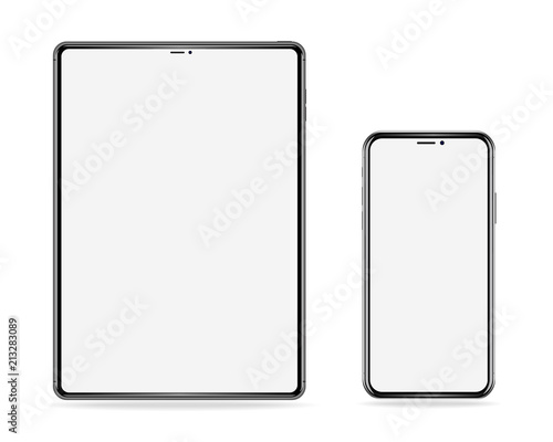 realistic set of electronic devices, tablet and phone with empty screen on white background