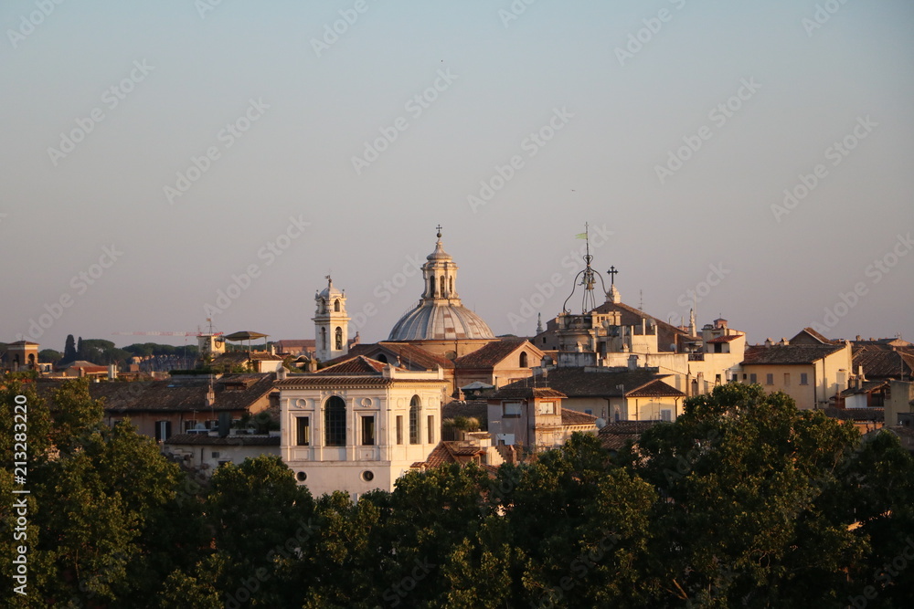 View from Mausoleo di Adriano to Rome at dusk, Italy 