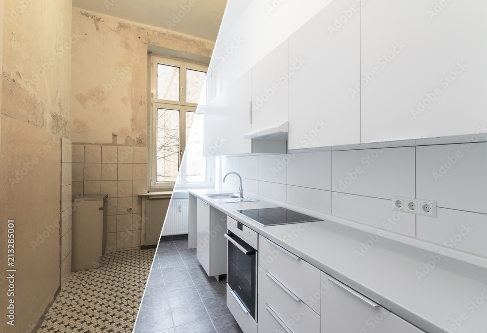 old and new kitchen after restoration - renovation concept - obrazy, fototapety, plakaty 
