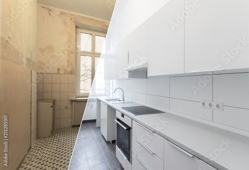 old and new kitchen after restoration - renovation concept photo