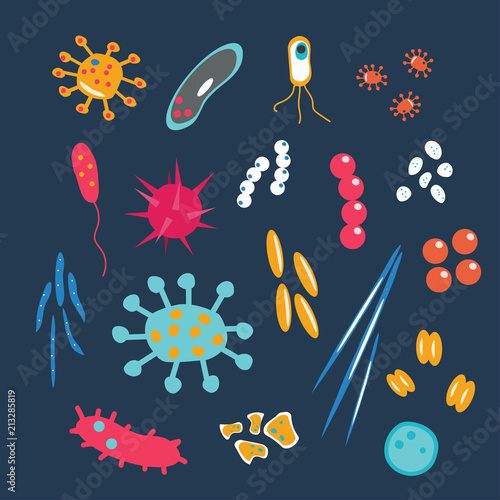 Set of cartoon gut and bad germs. Vector hand drawn illustration.