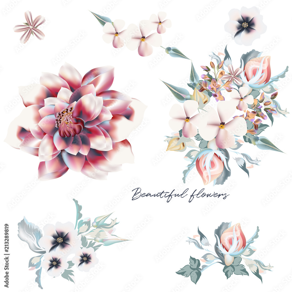 Collection of vector vintage realistic flowers for design