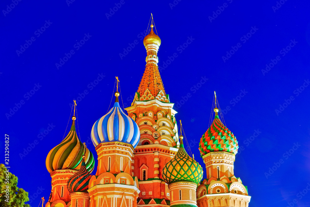 View of St. Basil's Cathedral on the Red Square at night in Moscow, Russia.