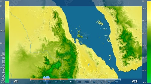 Average temperature by month in the Eritrea area with animated legend - raw color shader. Stereographic projection photo