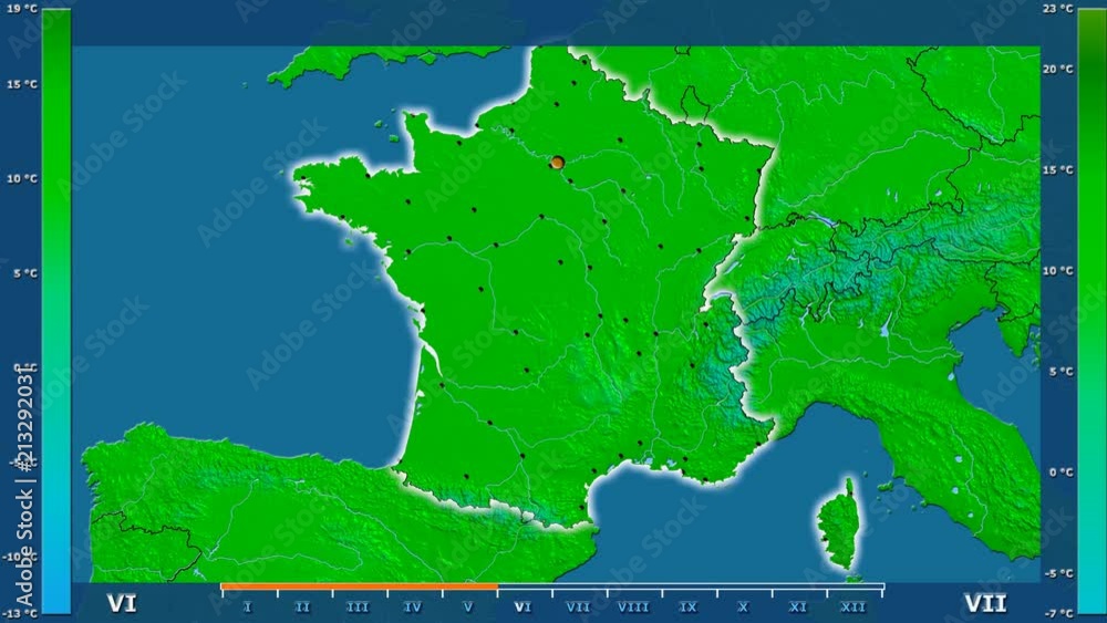 Minimum temperature by month in the France area with animated legend - glowing shape, administrative borders, main cities, capital. Stereographic projection Minimum temperature by month in the France area with animated legend - glowing shape, administrative borders, main cities, capital. Stereographic projection