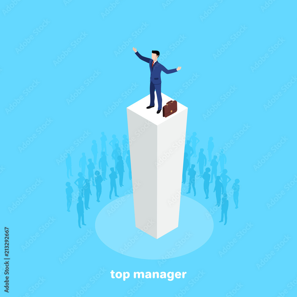 a man in a business suit stands at the top of the chart among a crowd of people, an isometric image a man in a business suit stands at the top of the chart among a crowd of people, an isometric image