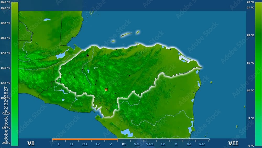 Minimum temperature by month in the Honduras area with animated legend