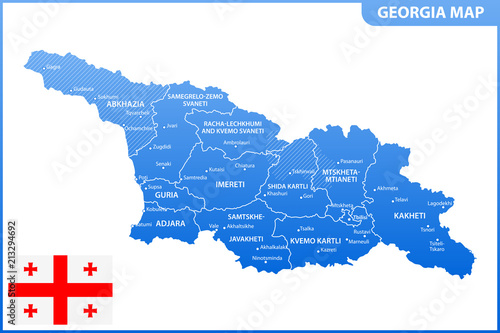 The detailed map of the Georgia with regions or states and cities, capital. Administrative division. South Ossetia and Abkhazia are marked as a disputed territory