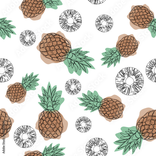 Pineapple seamless pattern on a white background. Design for textiles, banners, posters. Vector illustration. Outline icon. Continuing line drawing.