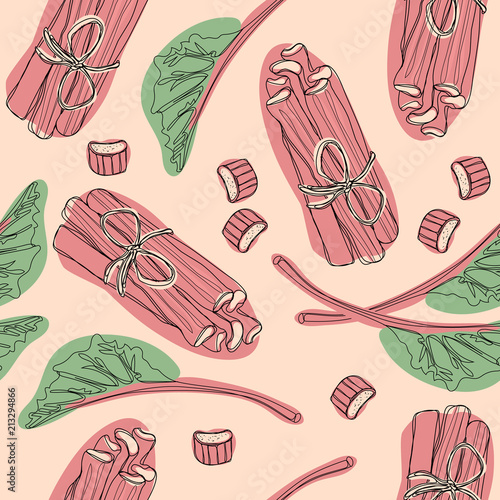 Hand drawn rhubarb pattern. leaves, bunches cut and whole with strawberries composition. Vector illustration. Good for backdrop, textile, wrapping paper, wall posters. Continuous line drawing.