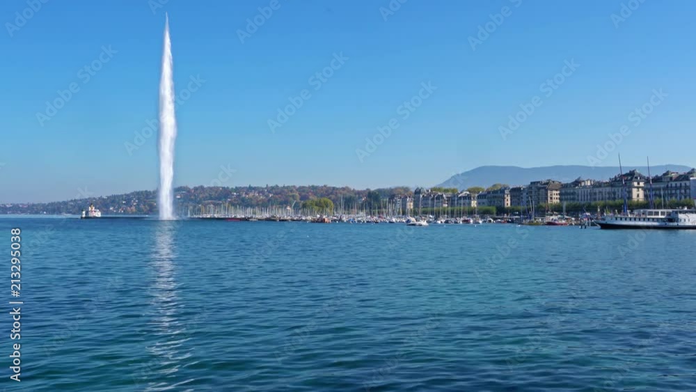 The Jet d'Eau or Water jet fountain, where Lake Geneva empties into Rhone, city landmark, Switzerland The Jet d'Eau or Water jet fountain, where Lake Geneva empties into Rhone, city landmark, Switzerland