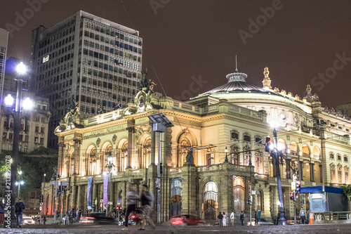 Sao Paulo, Brazil, March 23, 2017. Municipal theater of Sao Paulo at night. Built in 1903 and opened in 1911, with the opera Hamlet, of Ambrose Thomas, photo