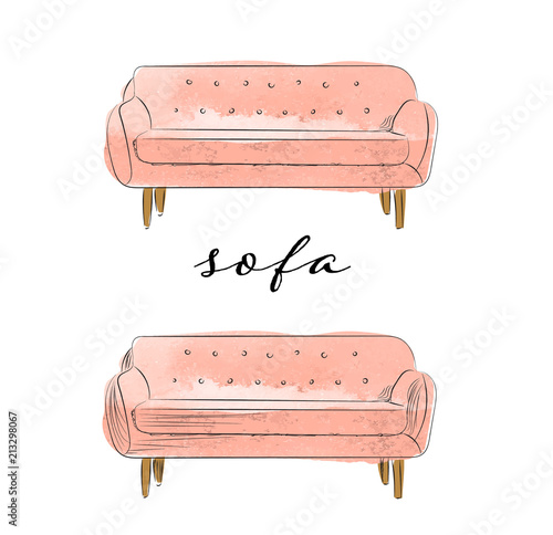 watercolor sofa illustration. hand drawn sofa. interior design element.